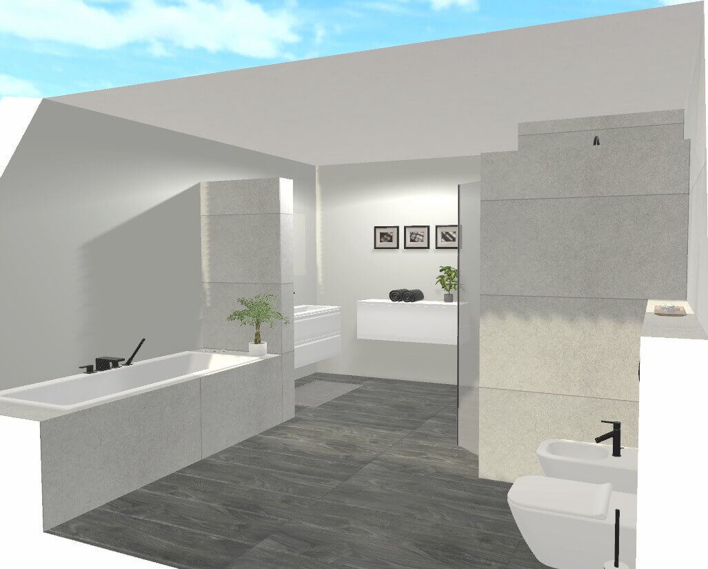 Modernes Badezimmerdesign mit Badewanne, Bidet und Waschbecken in neutralen Tönen und Holzoptik-Fußboden.
