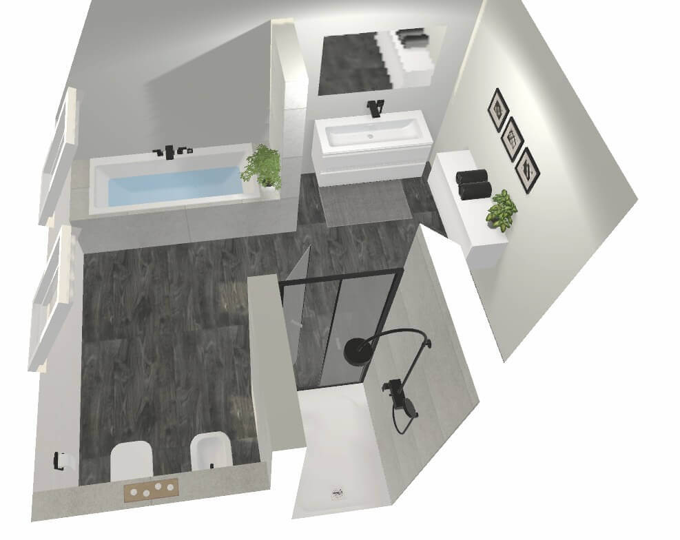Moderne Badezimmergestaltung mit Badewanne, Dusche, Waschtisch und Pflanzen in minimalistischer Raumaufteilung.