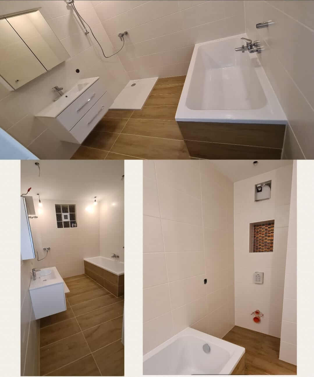 Modernes Badezimmer mit Dusche, Badewanne und Waschtisch auf Holzoptikfliesen. Helle, gepflegte Optik.